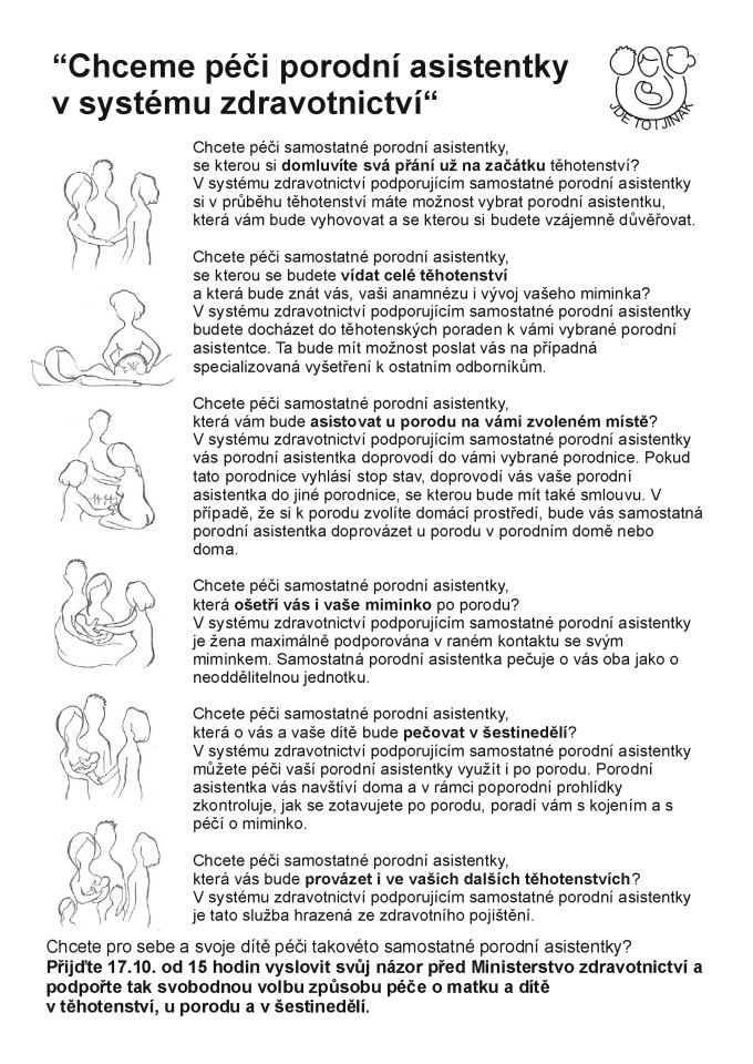 Komix vysvětlující výhody péče samostatné porodní asistentky